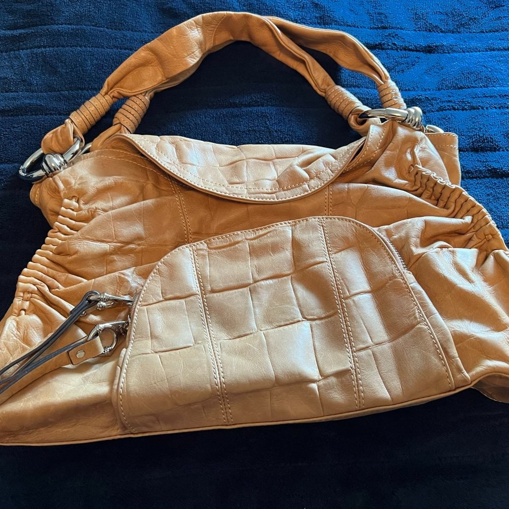 B Makowsky Tan Croco Leather Fold Over Shoulder Bag with Ruching
